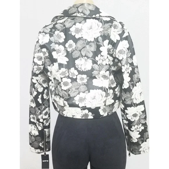 🔥SOLD🔥Sam Edelman Gray Black White Vegan Leather Floral Moto Jacket Size S NWT - Picture 7 of 9